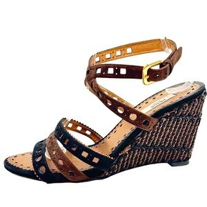 PRADA Authentic suede leather and raffia wedge sandals 🖤💛🤎